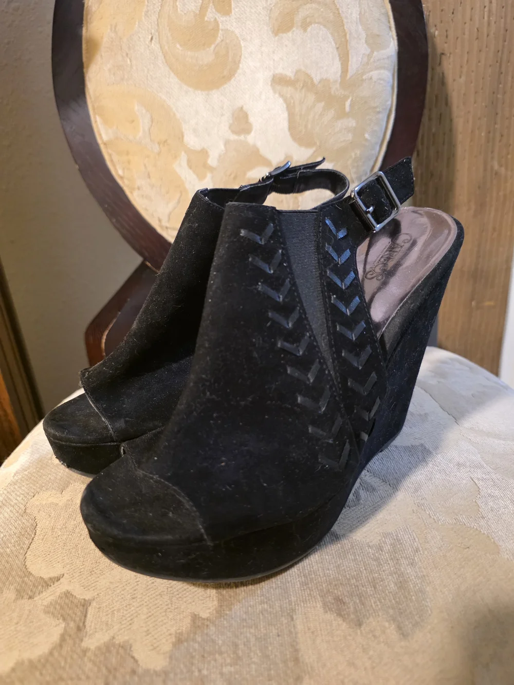 Carlos by Carlos Santana Black Suede Wedge Peep-Toe Slingback